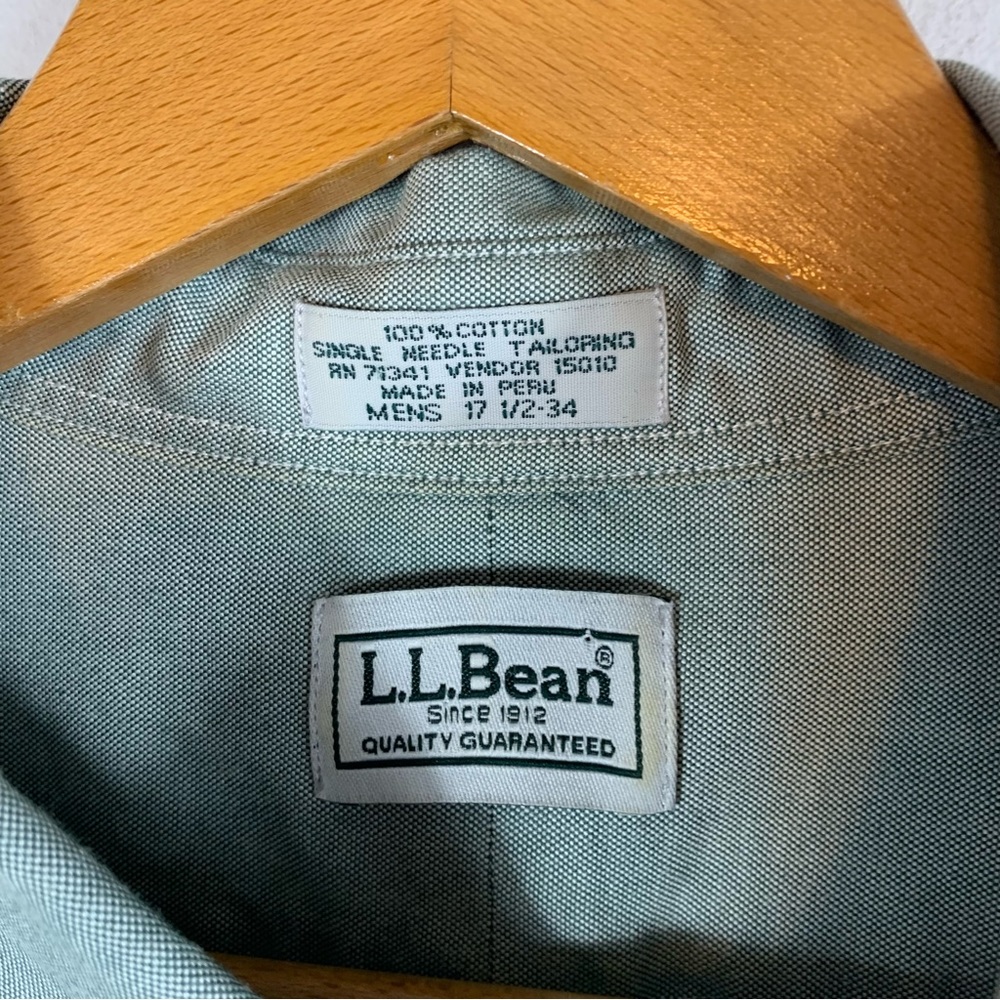 LL Bean Green Cotton Single Needle Tailoring 17.5-34 Button Down Shirt - Picture 6 of 9